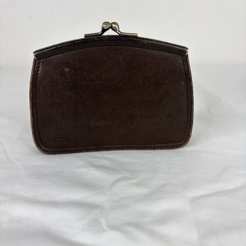 Vintage Fossil Brown genuine Leather Kiss lock Coin Purse, classic, retro, chic